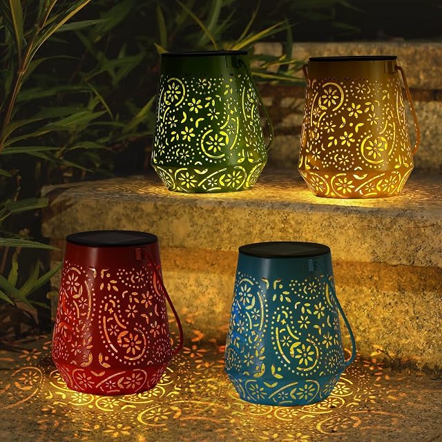 Garden Lanterns, OxyLED 4 Pack Solar Lantern Colorful Hanging Metal Solar Lanterns for The Garden IP44 Waterproof Solar Lantern Outdoor Garden for Patio Fence Tree Room Outside