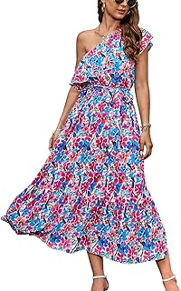 Women's One Shoulder Maxi Dress Sleeveless Casual Summer Layered Ruffle Boho Floral Print Party Beach A-Line Dresses - Buy now