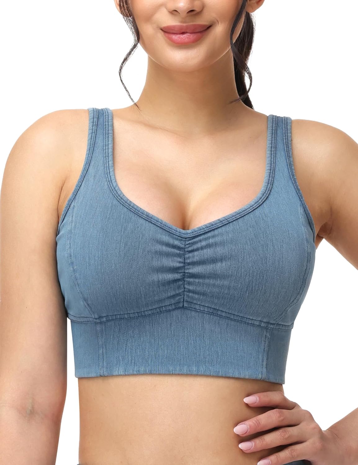 THE GYM PEOPLE Women's Denim Scrunch Crop Tops V Neck Longline Casual Bra Padded Jean Cami with U-Back