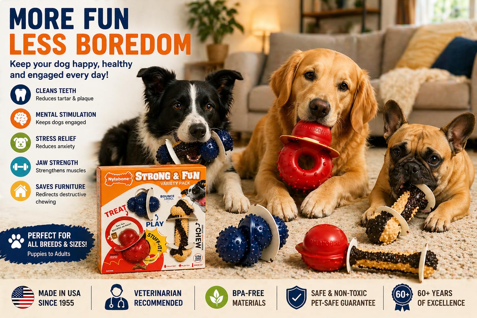 Nylabone Super robustes Kauspielzeug Spielzeug aus Gummi, stark und lustig, 3 Stück
