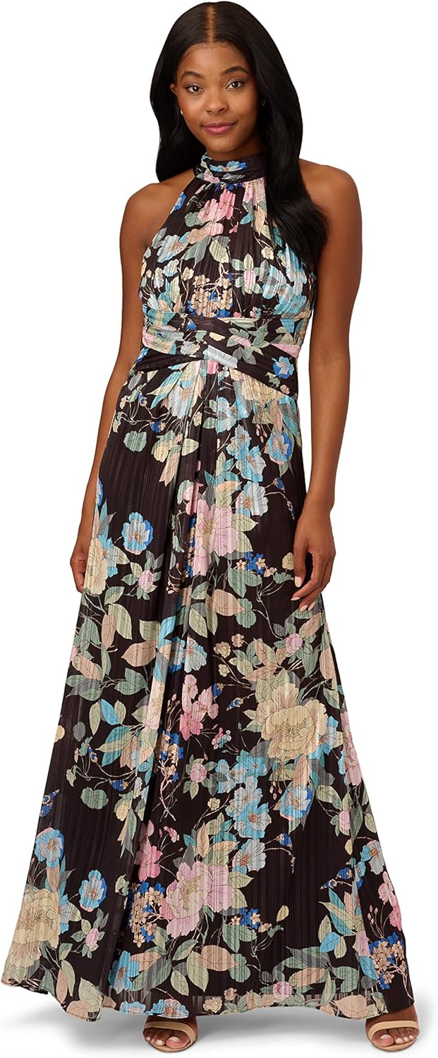 Adrianna Papell Women's Chiffon Printed Halter Gown 6 Black Multi