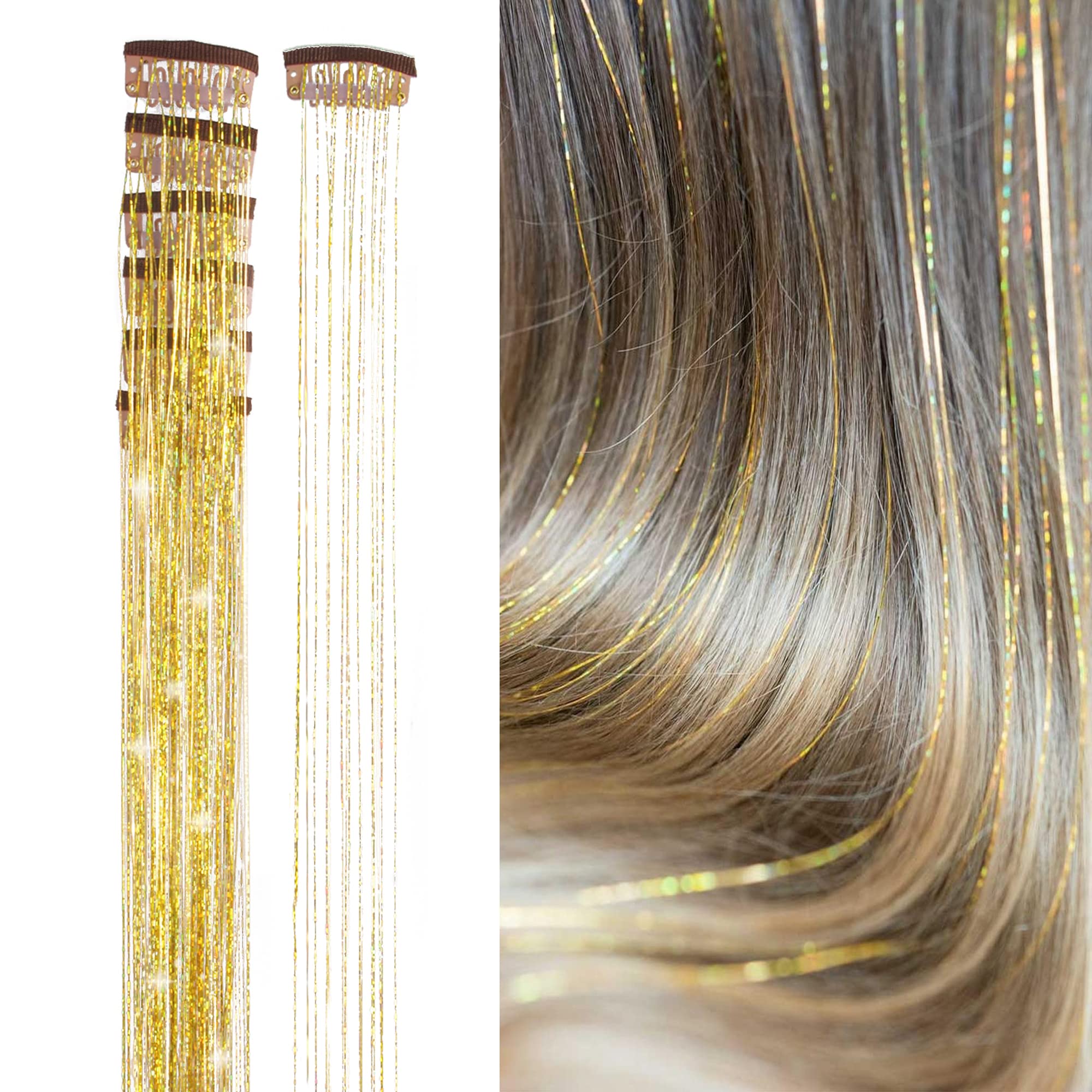 SEPTBEAM Clip in Hair Tinsel Extensions Golden Highlights for Hair 20.5 Inch 6pcs Each Pack Multi-Colors Gold Synthetic Hair Extensions for Party,