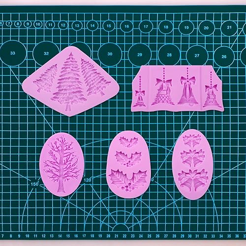 Miniatura 4 de Molde de silicona para árbol de pino, moldes de fondant de campanas de Navidad, molde para hornear chocolate con hojas de acebo para decoración de