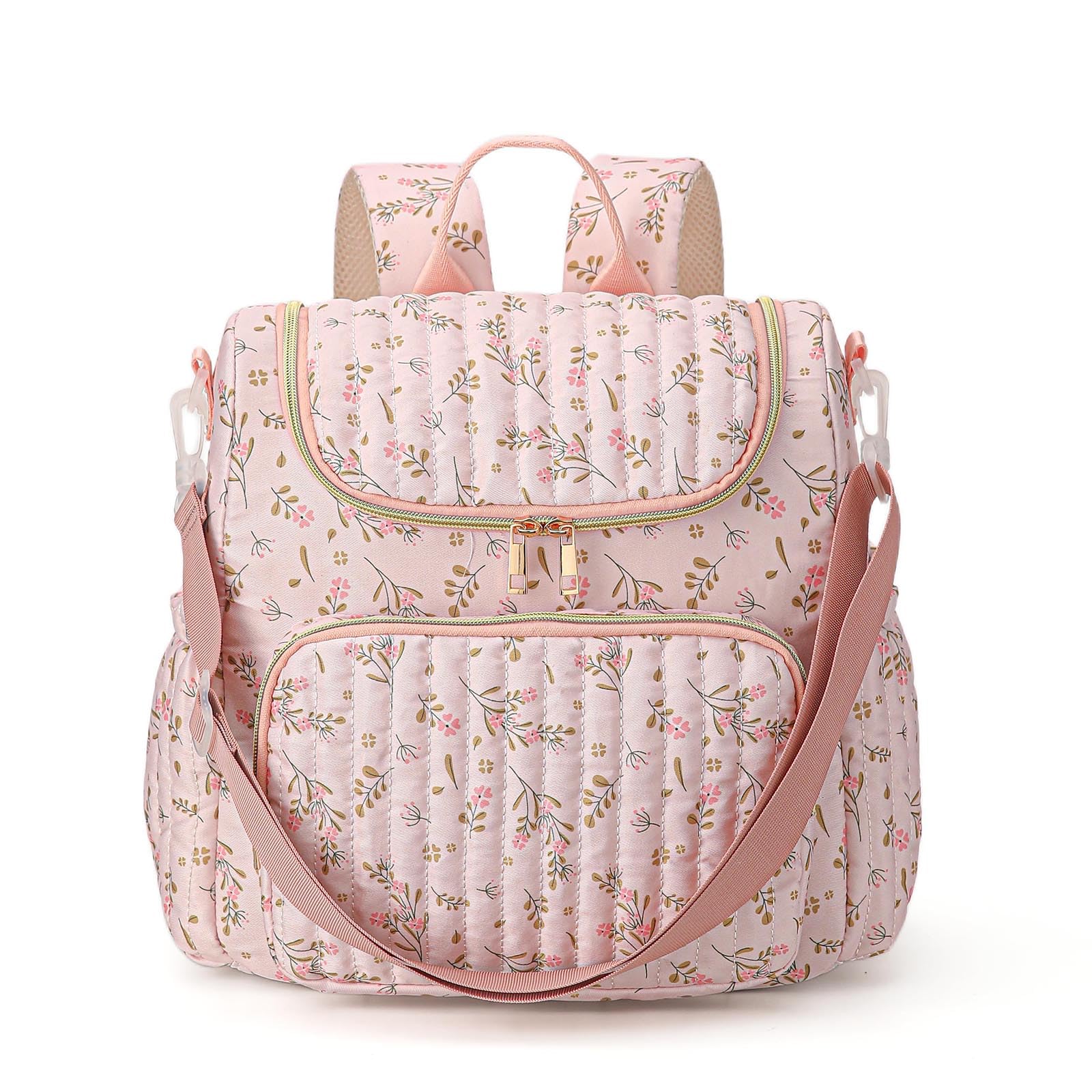 Quilted Diaper Bag Backpack Floral Baby Nappy Changing Bag Backpack for Mum Baby Travel Backpacks with Stroller Strap (Blush Pastel Floral)