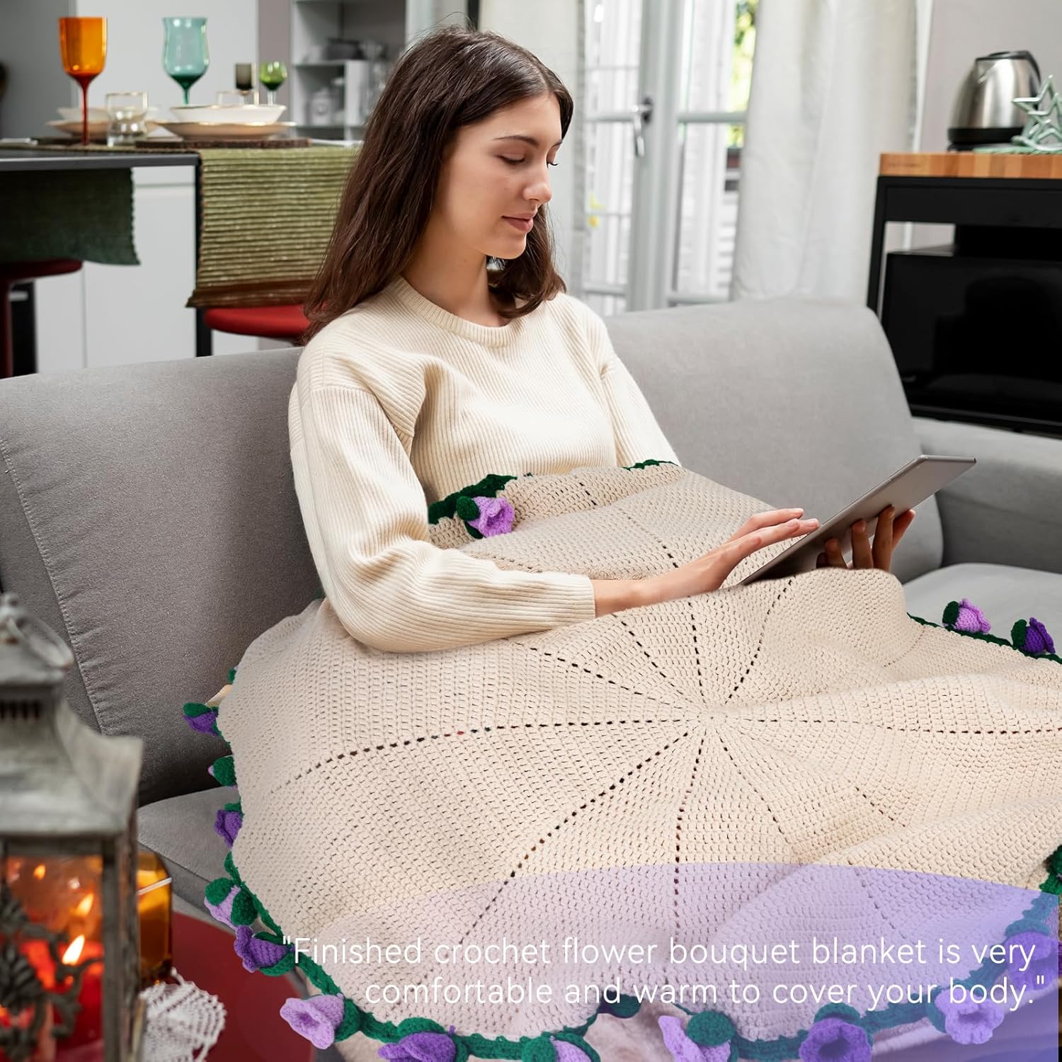 Aeelike Crochet Blanket Kit, Flower Bouquet Blanket Crochet Kit for Beginners Roll Up Blankets Crochet Kit with Enough Yarn Detailed Instruction, Easy DIY Kit for Women & Home Decor, Bellflower
