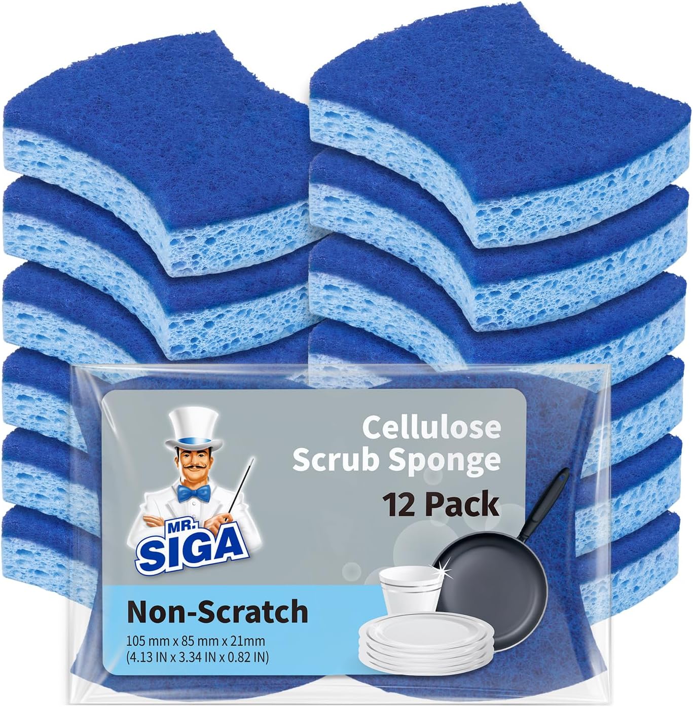 MR.SIGA Non-Scratch Cellulose Scrub Sponge, Dual-Sided Dishwashing Sponge for Kitchen, 12 Pack