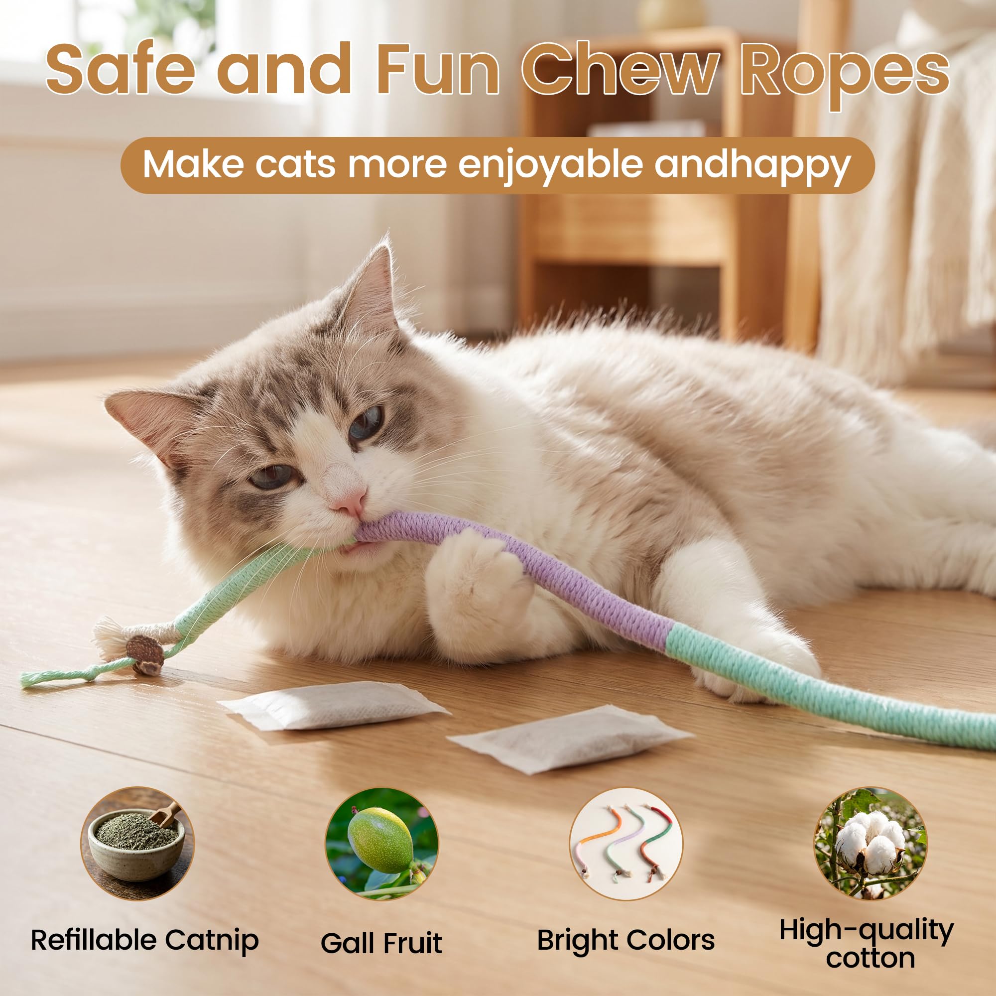Juguetes para gatos, 7 cuerdas masticables para gatos y palos de vid plateada para gatos con hierba gatera natural y vid plateada, juguetes de limpieza segura de dientes para gatitos de