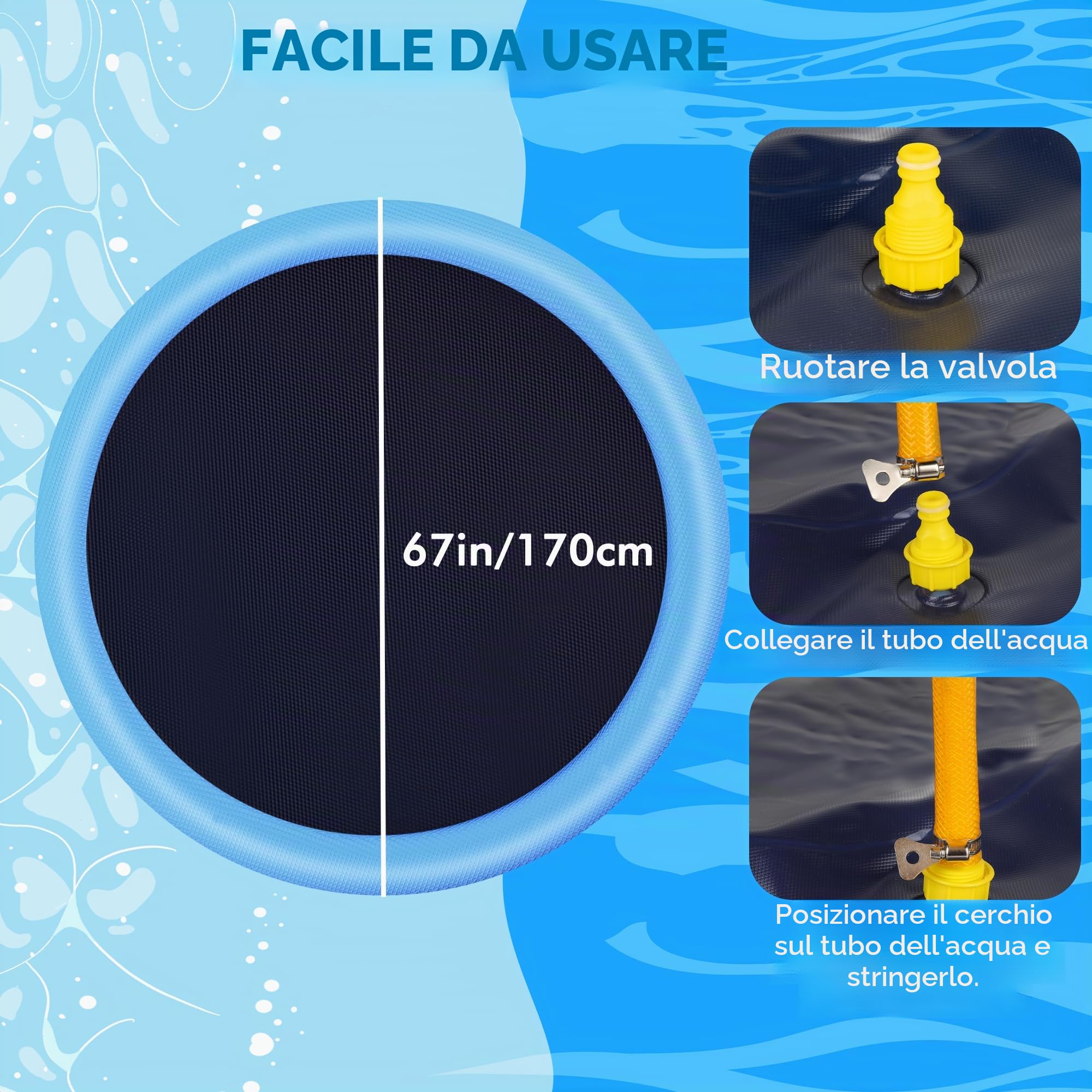 YAUNGEL Tappetino Spruzzi per Cani, 170cm/67in per cani pieghevole durevole e ispessito da 0,55 mm, giochi d'acqua all'aperto per cani, piscina gonfiabile per cani, Blu