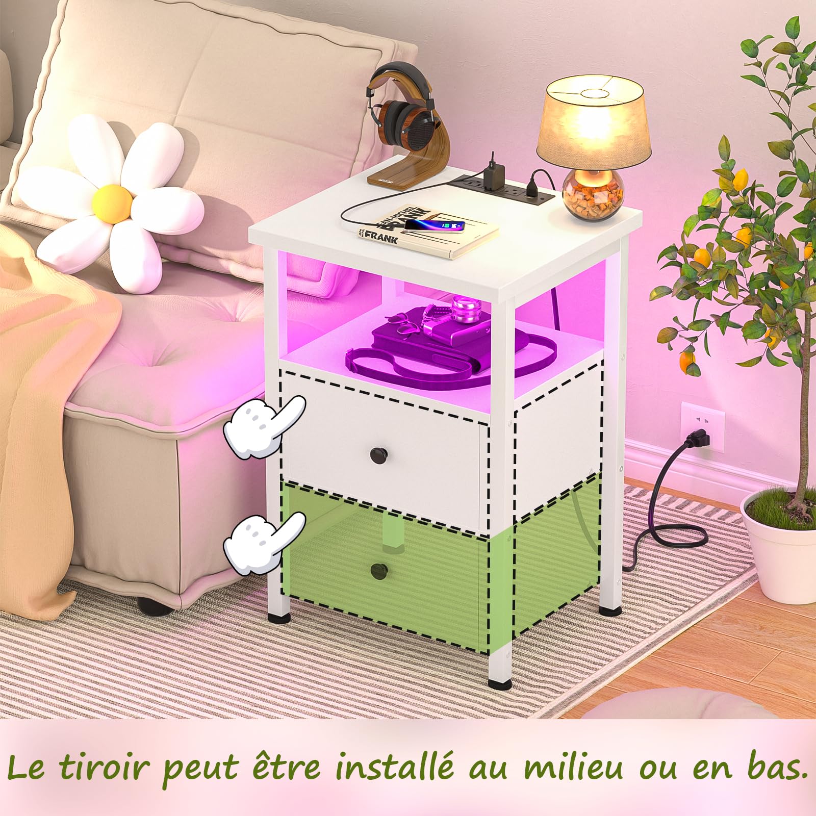 iSunirm Table de Chevet avec LED, Table de Nuit en Bois avec Station de Charge, Chevet avec Tiroirs en Bois, Meuble de Chevet pour Chambre et Salon, Blanc