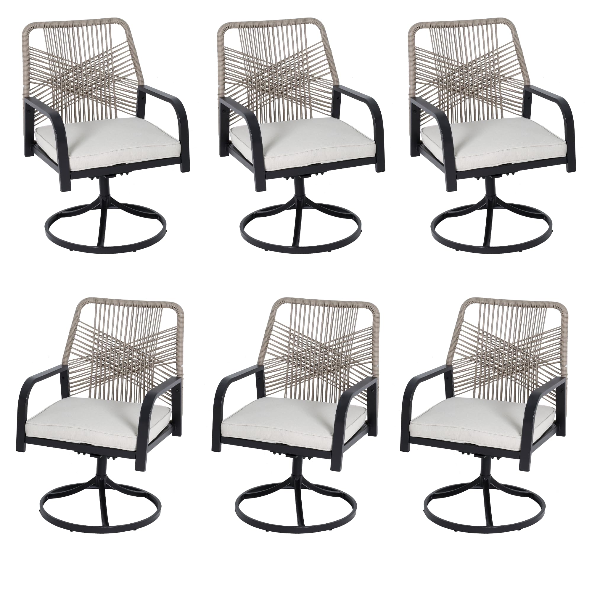 MELLCOM Patio Swivel Chair Set of 6, Outdoor Dining Chairs with Thickened Cushions, Wicker Chairs with Gentle Rocker for Porch, Garden, Backyard, Poolside, Deck, Beige