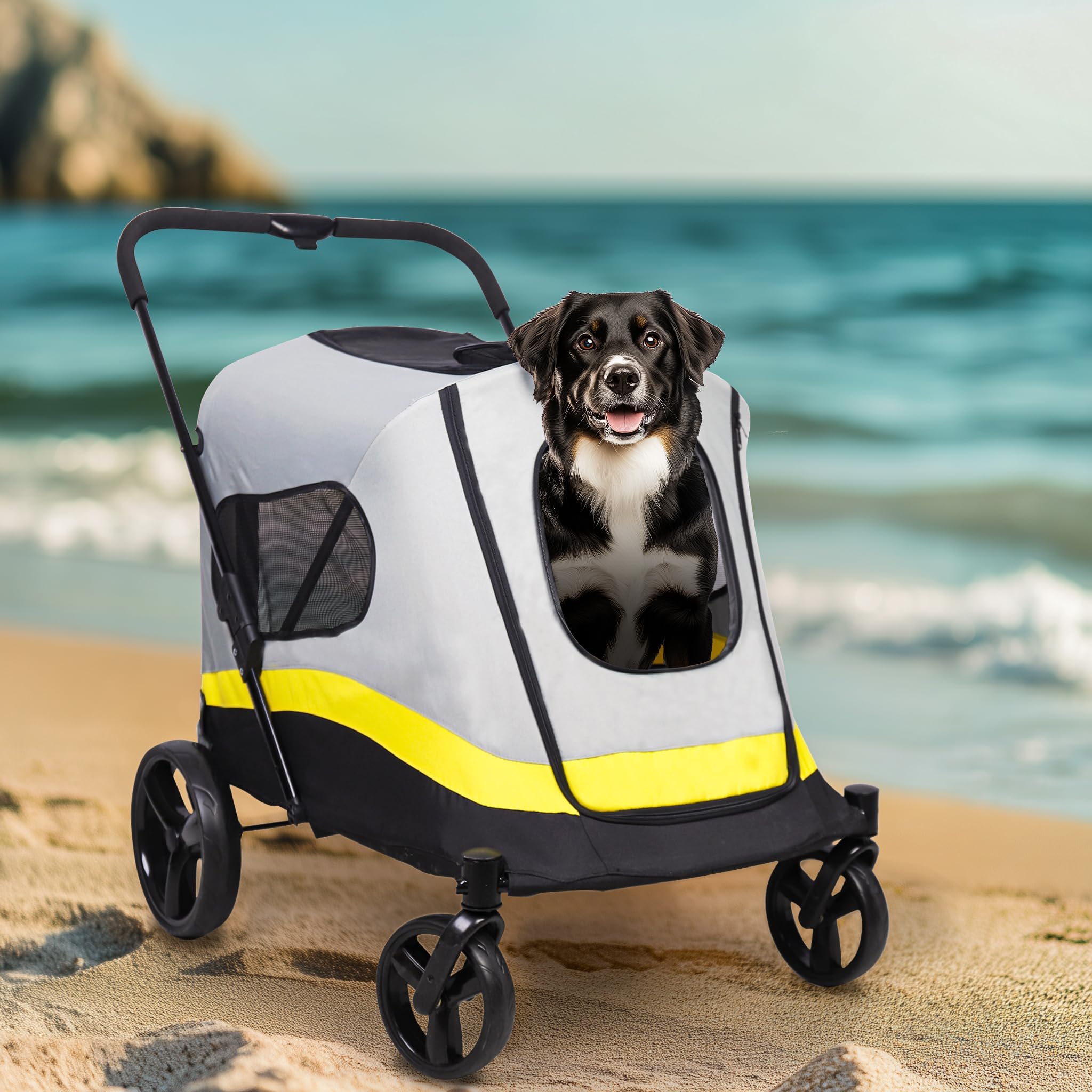 BingoPaw Passeggino per Cani Pieghevole: con Parapioggia Passeggino per Cani 42 kg Taglia Media Cuccioli e Gatti Durevole Passeggino Cane con Ruote Finestre a Rete Manico Regolabile