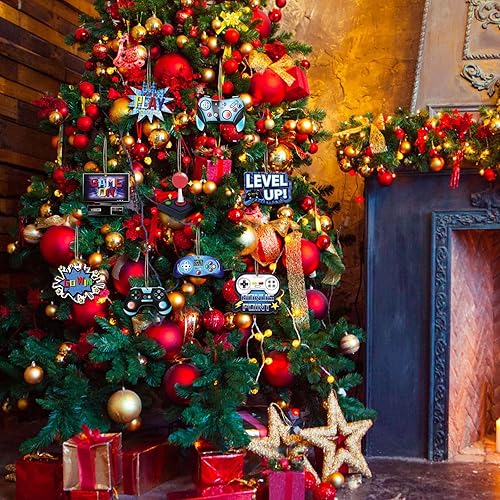 Vista 6 de Kathfly 27 piezas de adornos navideños de videojuegos para árbol de Navidad, controlador de sistema de madera, etiqueta colgante para fiesta