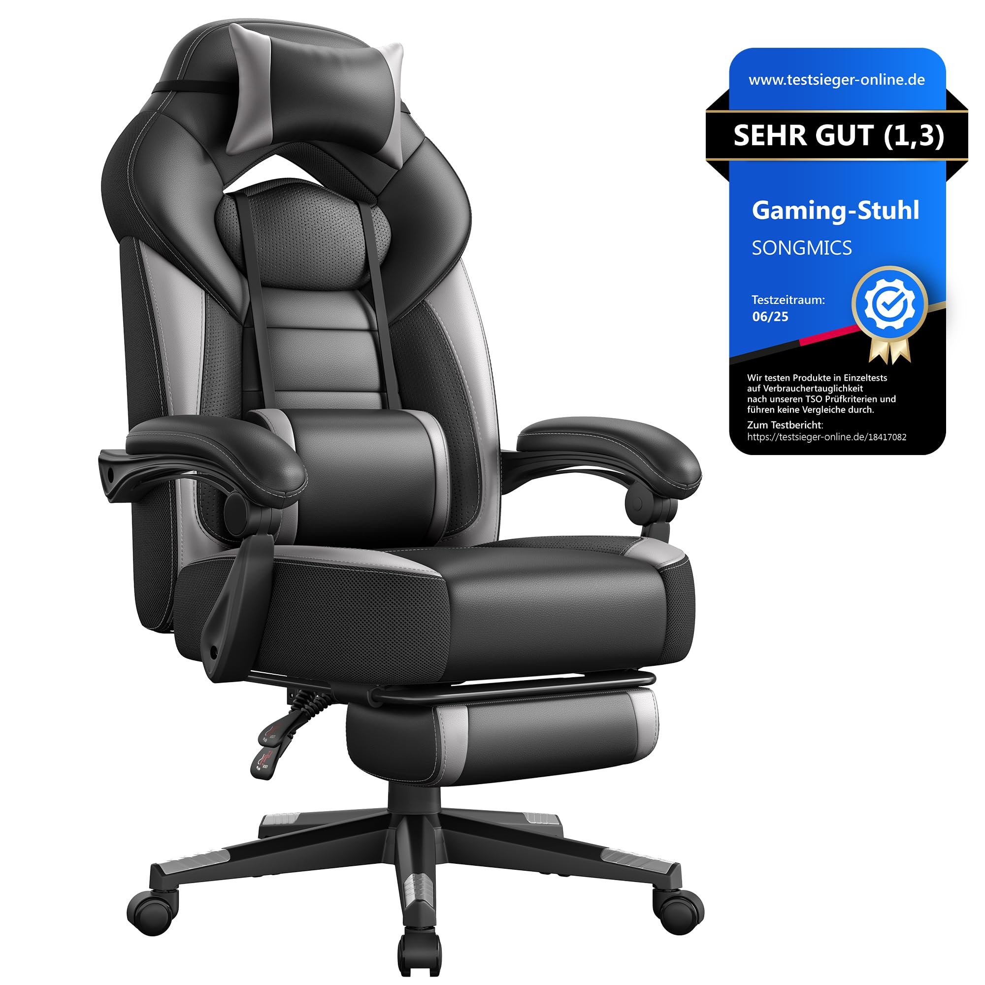 SONGMICS Gaming Stuhl, Bürostuhl mit Fußstütze, Schreibtischstuhl, ergonomisches Design, verstellbare Kopfstütze, Lendenstütze, bis zu 150 kg belastbar, schwarz-grau OBG77BG