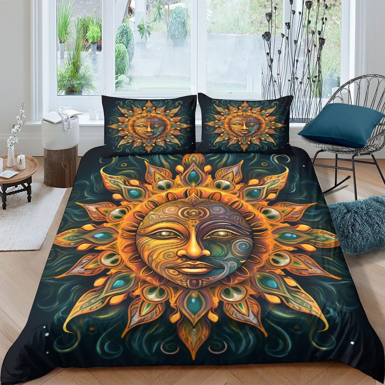 BARDYS Sun Quilt Cover Duvet Cover Comforter Covers for Teens And Adults 3D Print Bohemian Soft Microfiber with Zipper Closure Bedding Set with Pillow Cases 3 Pieces King（220x240cm）