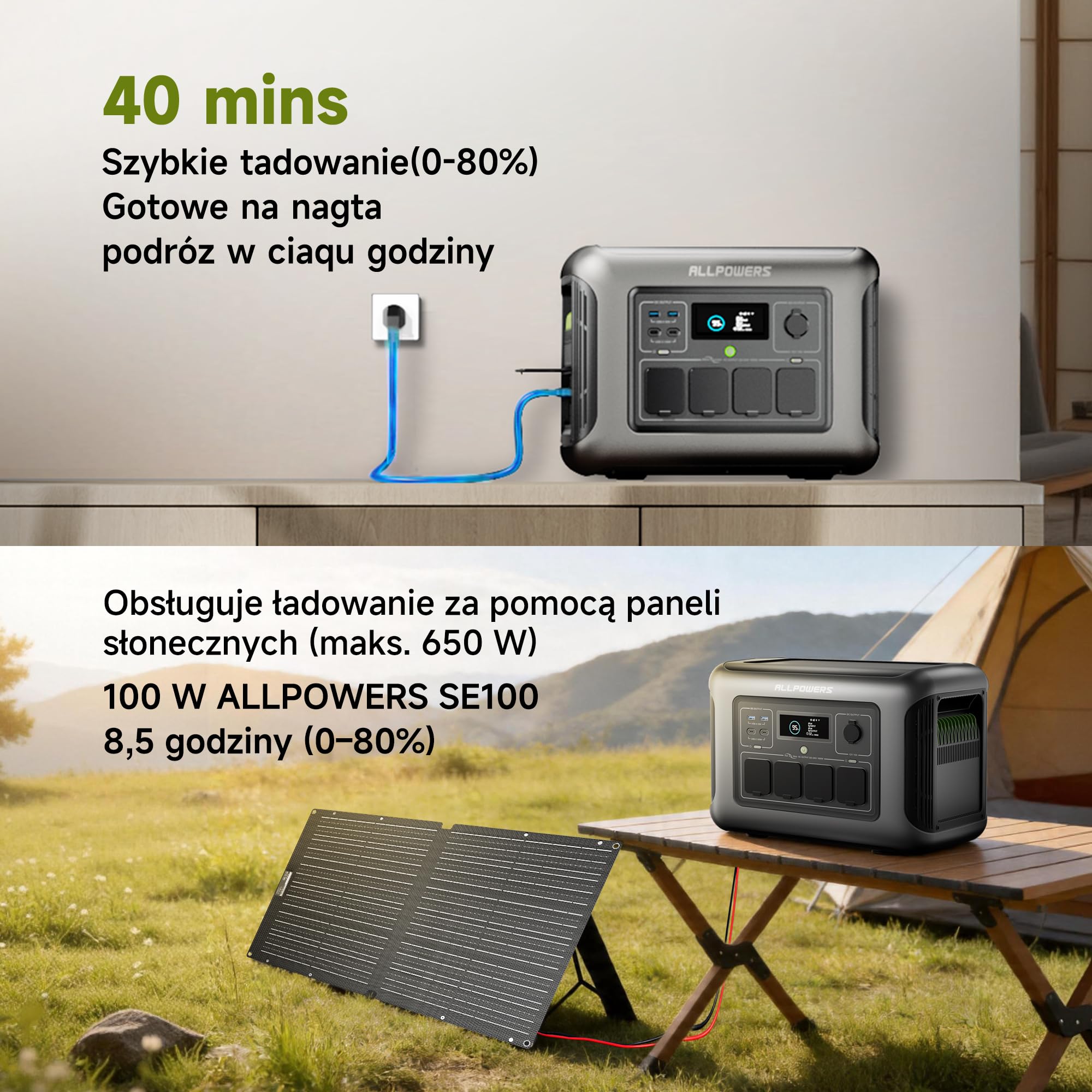 ALLPOWERS Przenośna stacja zasilania R1500 LITE, akumulator LiFePO4 (LFP) o pojemności 1056Wh, generator słoneczny (panele słoneczne opcjonalne) (R1500 LITE+SE100)