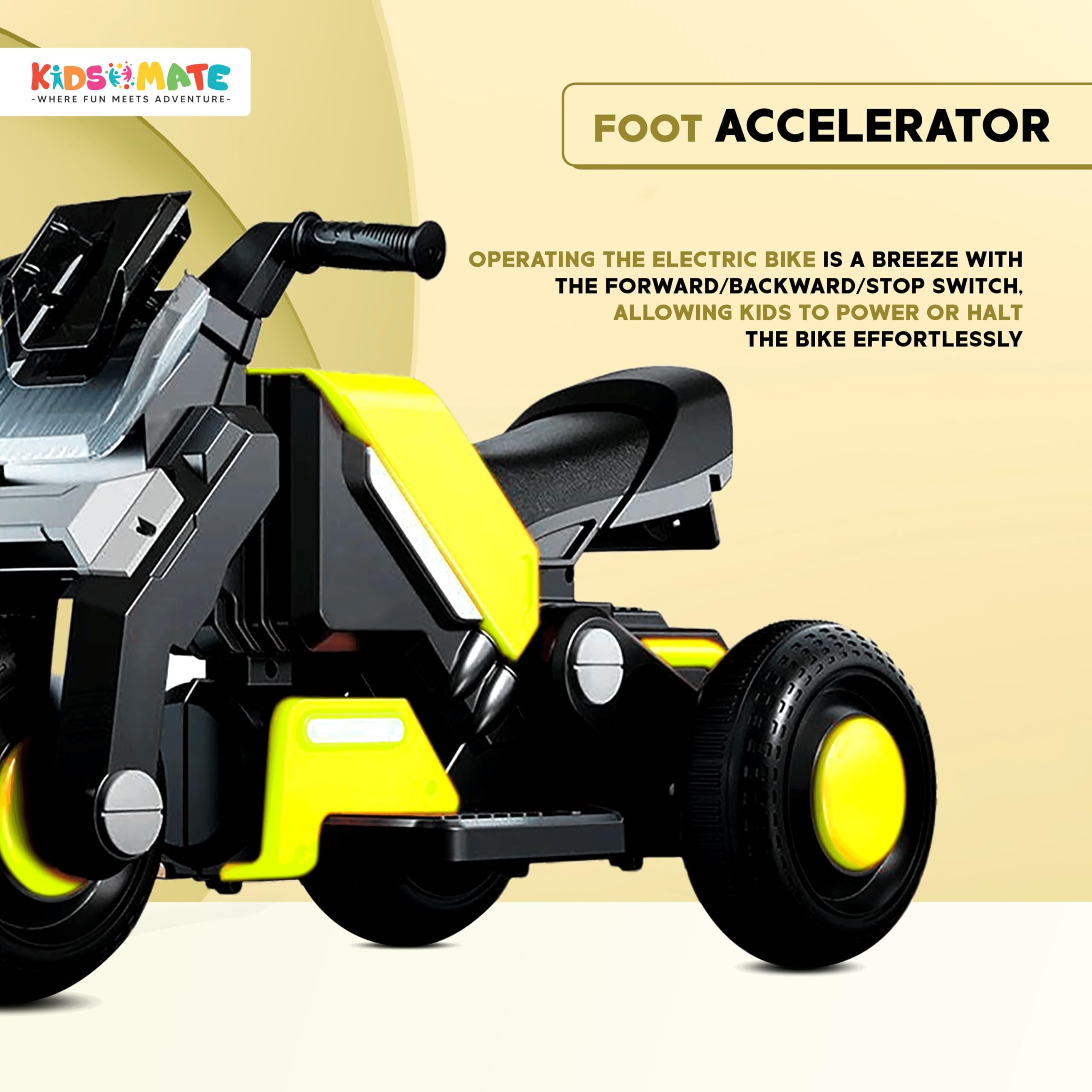 Kidsmate Hyrider 6V Electric Kids Bike with Rechargeable 6.5 Ah Battery Inbuilt Imported Motor Drive | Music Player, Front LED Light & Foot Accelerator Pedal Bike for Ages 1-4 Years (Parrot Green) - Image 5 thumbnail