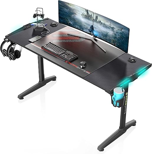 EUREKA ERGONOMIC Carbon Fibre Plastic Gaming Computer Desk 55″ Home Office Gaming PC Tables New Polygon Finish Legs Design with RGB LED Lights,…