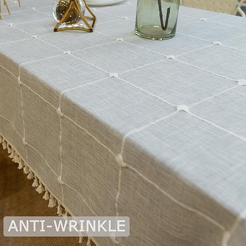 Miniatura 4 de P&E Warm Home Mantel de lino de algodón gris bordado pequeño celosía cuadrado con borlas, mantel rústico para mesa de cocina, comedor, fiesta,