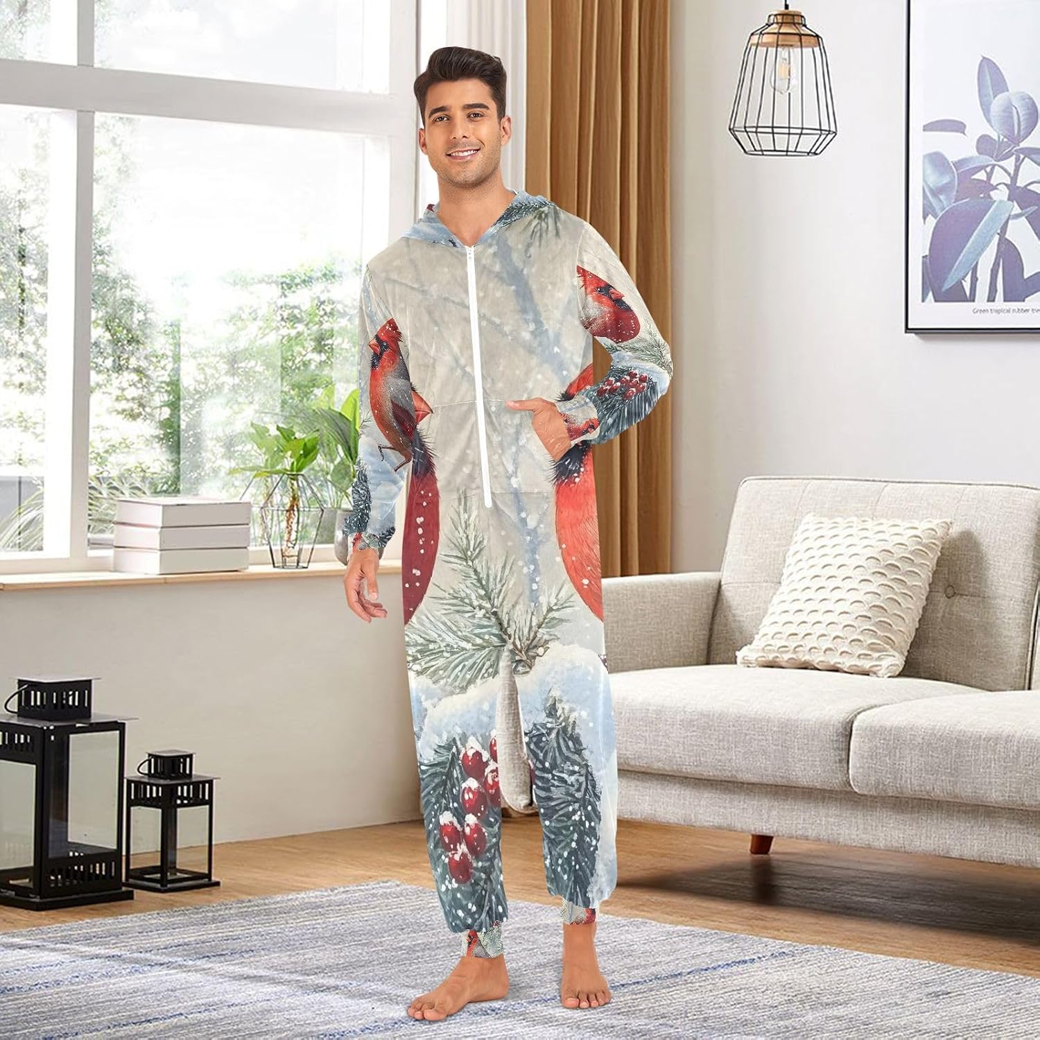 Two Red Cardinals Birds Snowflake Tree Branches Berries Adult Onesie Pajamas for Unisex Novelty One Piece Costume Sleepwear