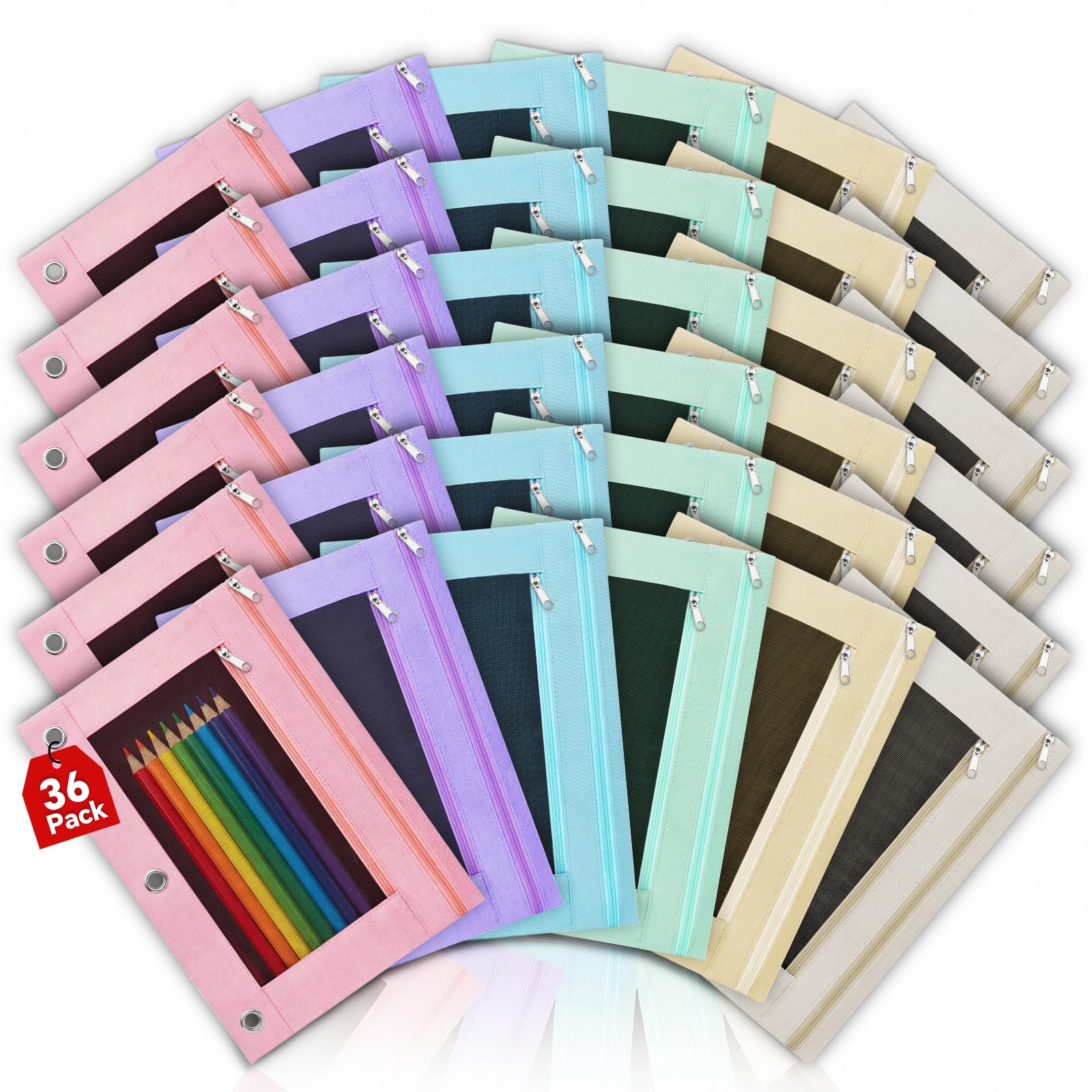 Lanpn 36 Pcs Pencil Pouch for 3 Ring Binder, 2 Pocket Zipper Binder Pouch Bulk, Pastel Binders Pencil Case, School Supplies for Boy Girl Student, Reinforced Grommets, Clear Window, Micro Mesh