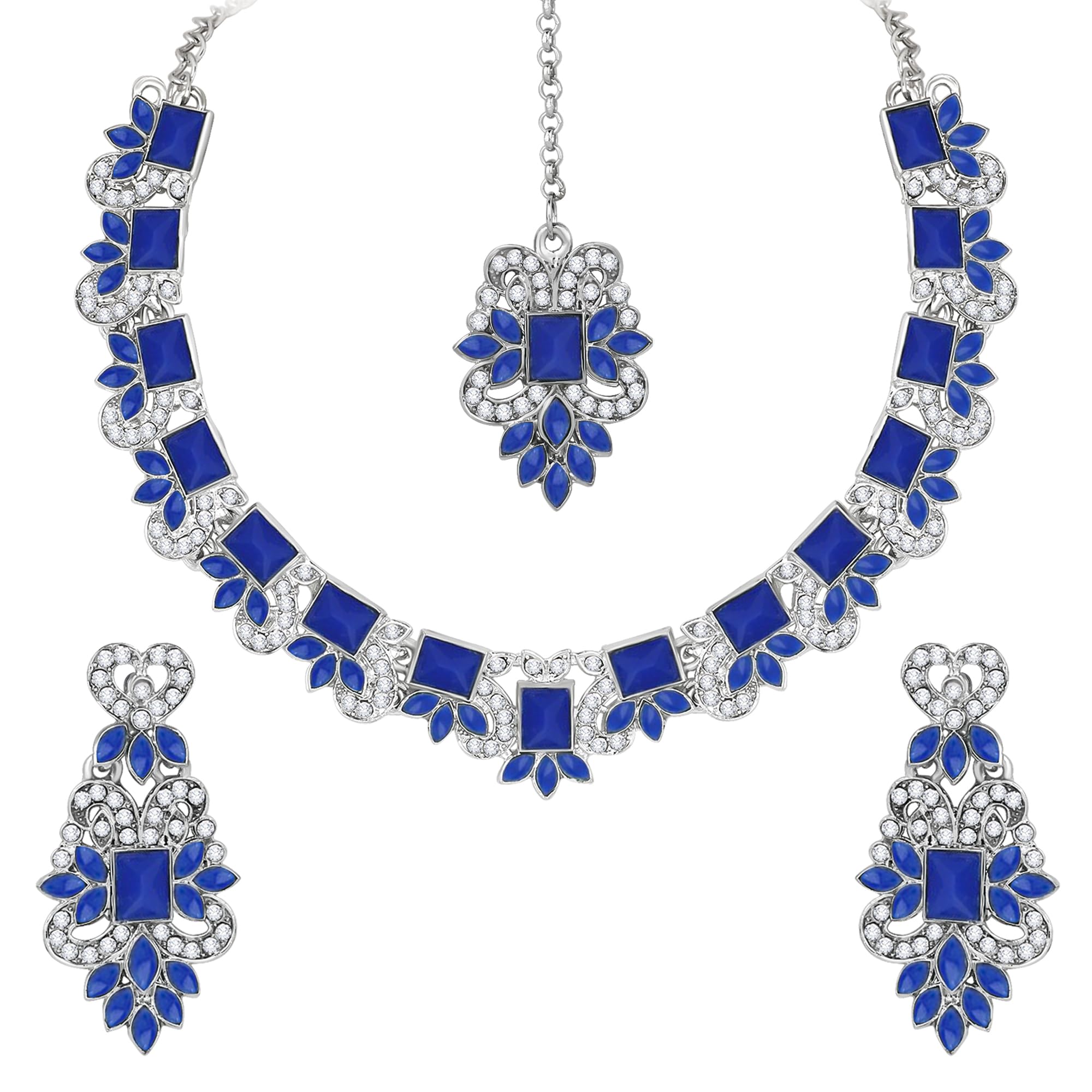 Atasi International Silver Plated Blue Crystal Diamond Necklace with Earrings and Maang Tikka for Women - Jewellery Set for Party, Wedding, Engagement (RB5849) (B0D29FW8SW) Amazon Price History, Amazon Price Tracker