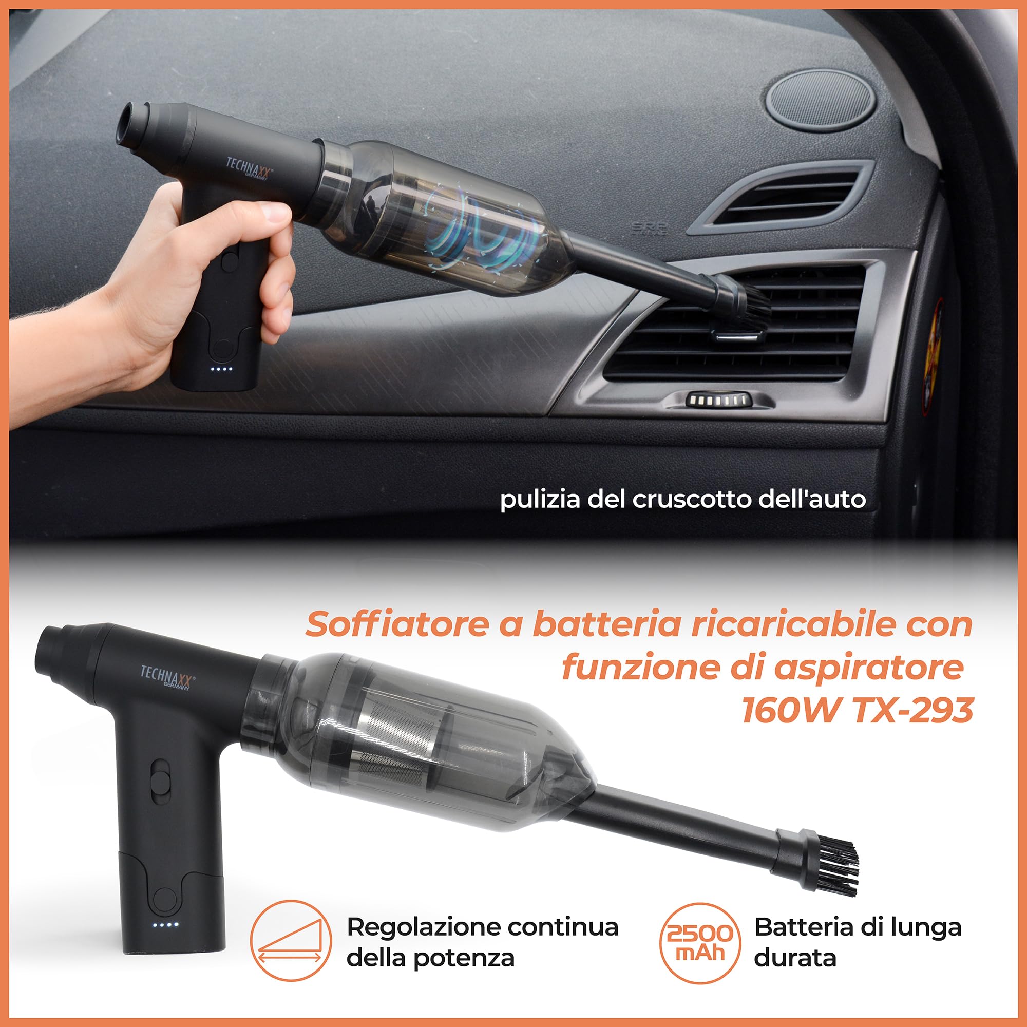 Technaxx TX-293, aspirapolvere portatile a batteria con spolverino d'aria, aspiratore elettrico ricaricabile da 160 W - Controllo continuo della velocità, 5 accessori versatili - Ideale per auto, tast