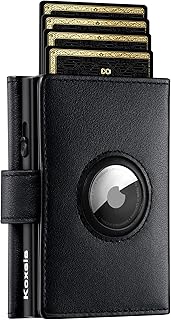 Airtag Wallet for Men, Small Aluminum Metal Wallet with Apple Airtag Holder, Pop Up Credit Card Holder, Minimalist Front/Back Pocket Cash Trifold Leather Wallet RFID Blocking with Gift Box, Black, Modern