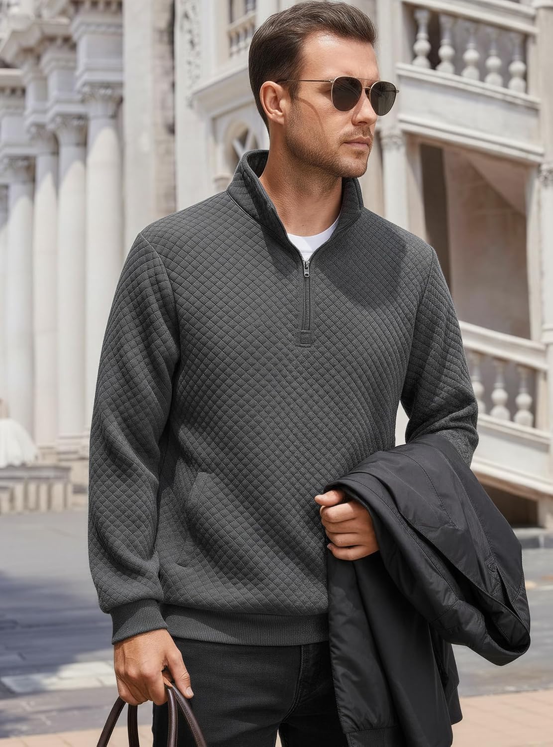 Vssjavun Mens Quarter Zip Pullover Quilted Sweatshirt Long Sleeve Casual Stand Collar Pullovers with Pockets - Image 3