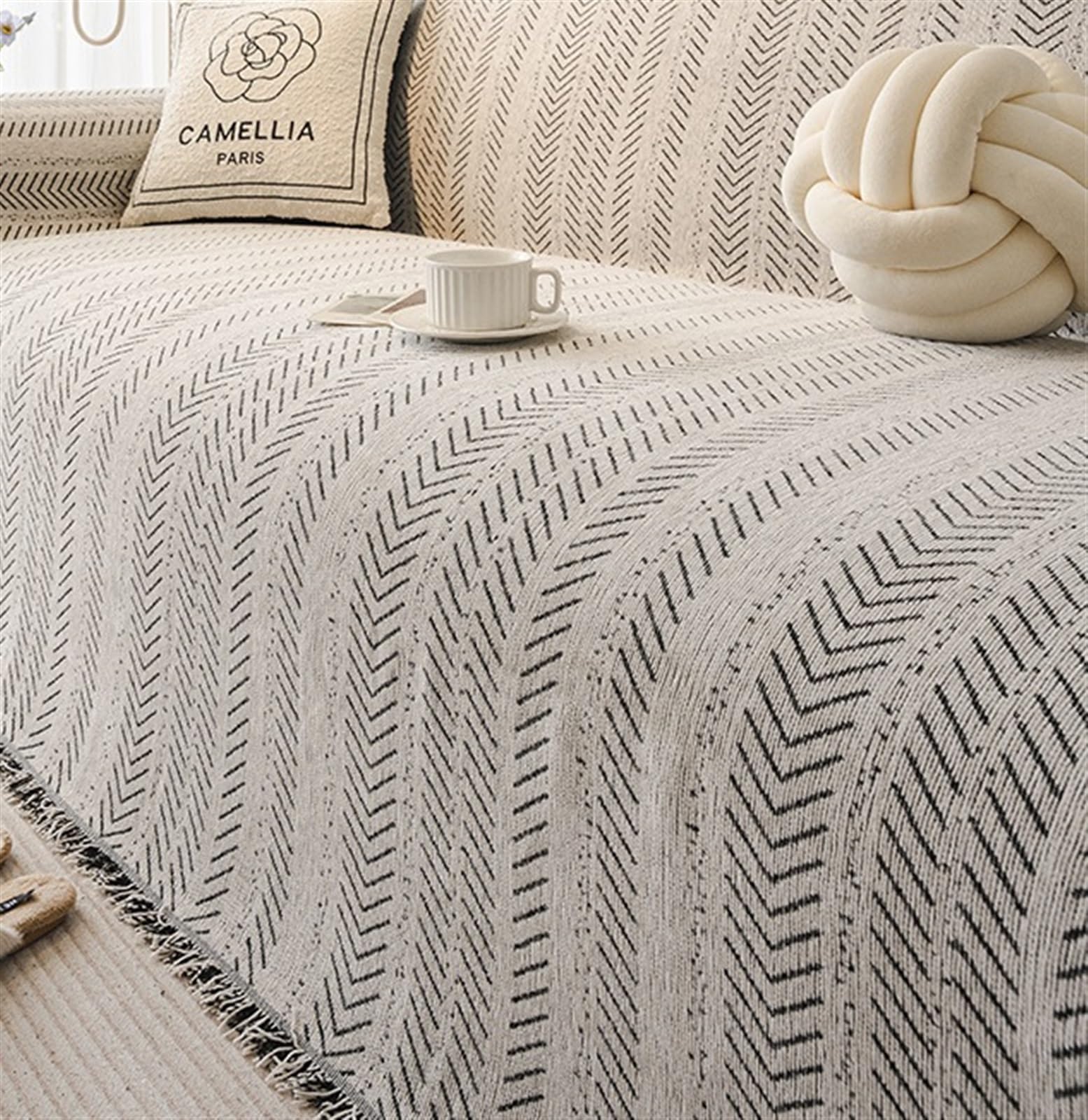 Chenille-Sofaüberwurf, Feiner, Wendbarer Sofabezug, Fischgrätenmuster, Sofahandtuch, Vier Jahreszeiten, Universell Gewebte Quastenüberwürfe, Kratzfester Couchbezug(Black,180X380cm)
