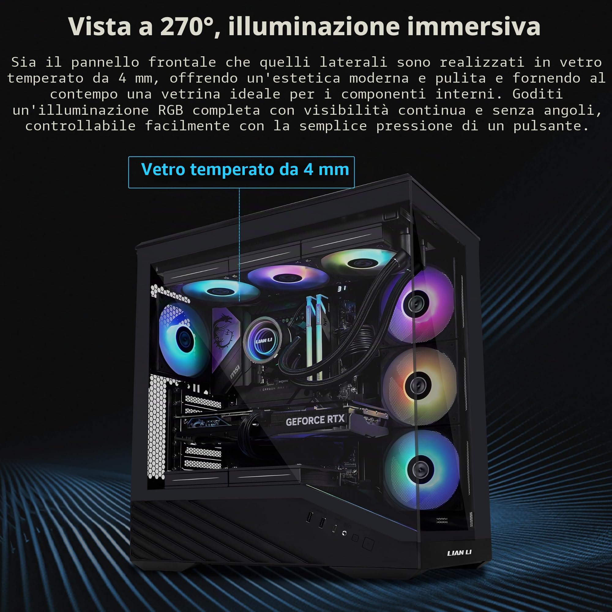 Lian Li Case per PC Mid-Tower V100 ATX, striscia LED RGB, design della piattaforma display con vetro temperato, supporto GPU da 415 mm, radiatore da 360 mm, I/O laterale e flusso d'aria ottimizzato