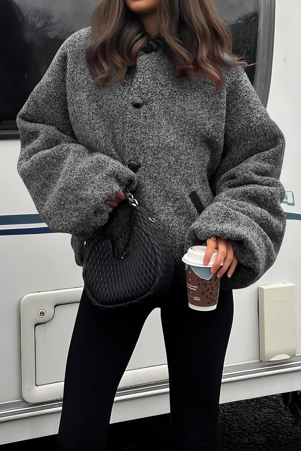 Cicy Bell Womens Oversized Fuzzy Fleece Jacket Button Down Patchwork Collar Sherpa Coats Fall Outerwear with Pockets - Image 4