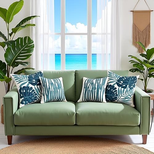 Miniatura 7 de Tosleo Juego de 2 fundas de almohada bordadas con hojas tropicales azules de 18 x 18 pulgadas, fundas de almohada de hojas de palma Monstera para