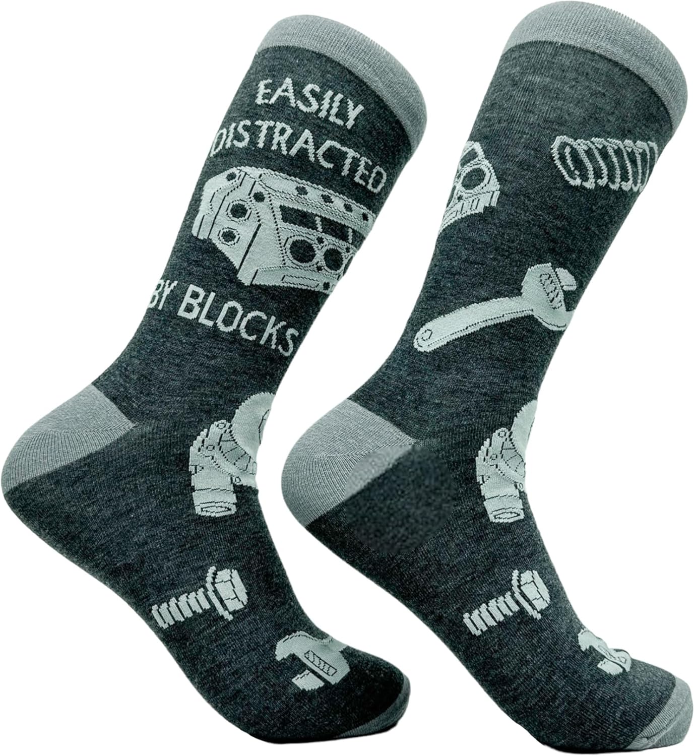 Funny Car Guy Crew Socks for Men – Easily Distracted by Blocks Print – Auto Mechanic & Engine Lover Gift – Cozy Cotton Garage Workwear – Novelty Automotive Socks for Racing & Repair Enthusiasts