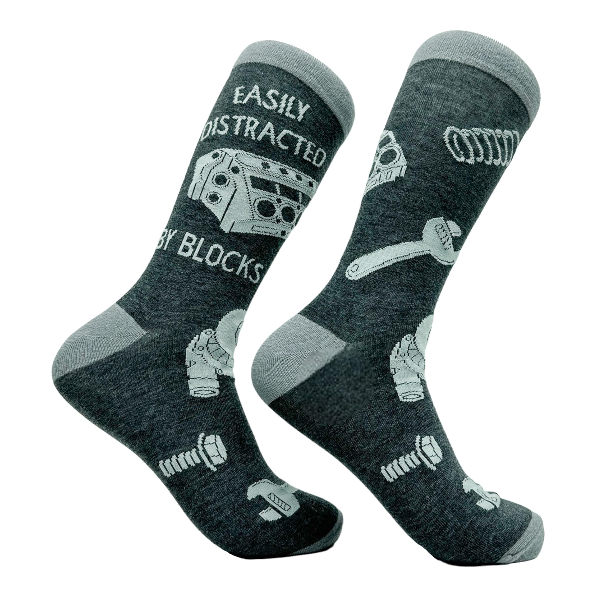 Funny Car Guy Crew Socks for Men – Easily Distracted by Blocks Print – Auto Mechanic & Engine Lover Gift – Cozy Cotton Garage Workwear – Novelty