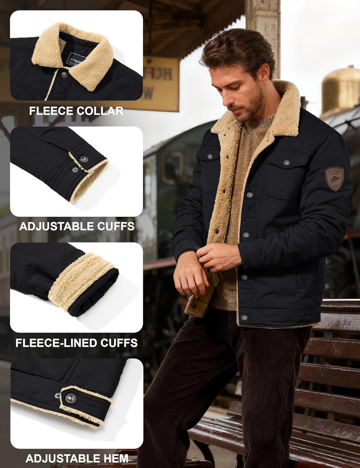 KEFITEVD Men's Winter Fleece Jacket Sherpa Lined Cargo Jackets Casual Trucker Coat Work Winter Thick Warm Coat - Image 5