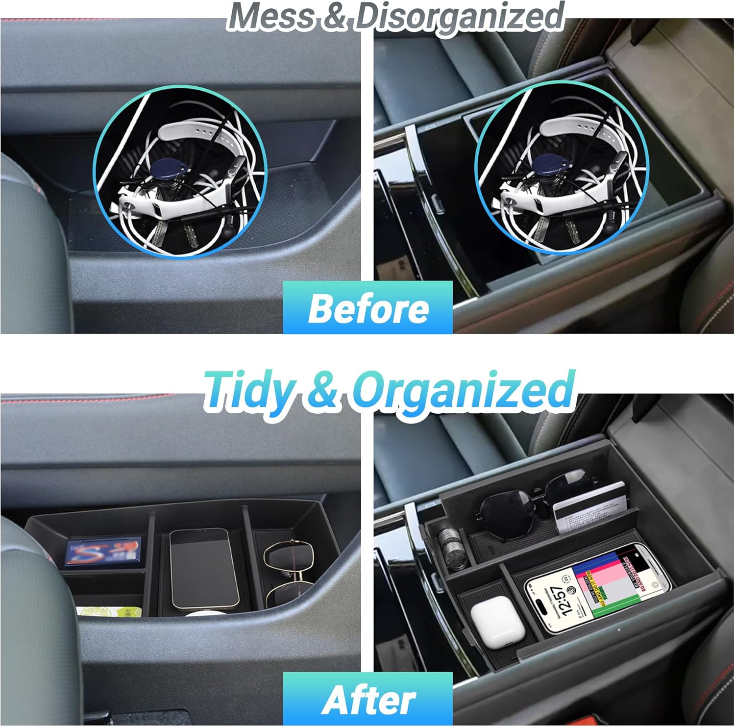 Center Console Organizer Compatible with 2024-2026 Chevy Traverse Accessories, 2PCS Armrest Storage Tray and Armrest Bottom Tray Storage Box for Sunglasses