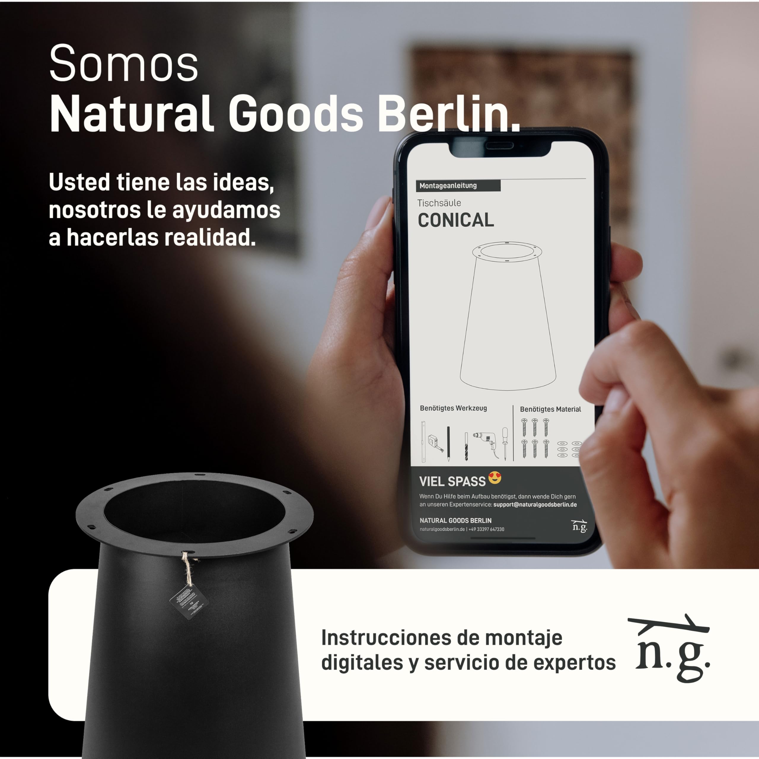 Natural Goods Berlin Columna de mesa CONICAL Patas de mesa de metal negro 72 cm de alto – Estilo Japandi aspecto listones – Estructura redonda – Base de mesa cónica – Base de mesa para mesa de comedor