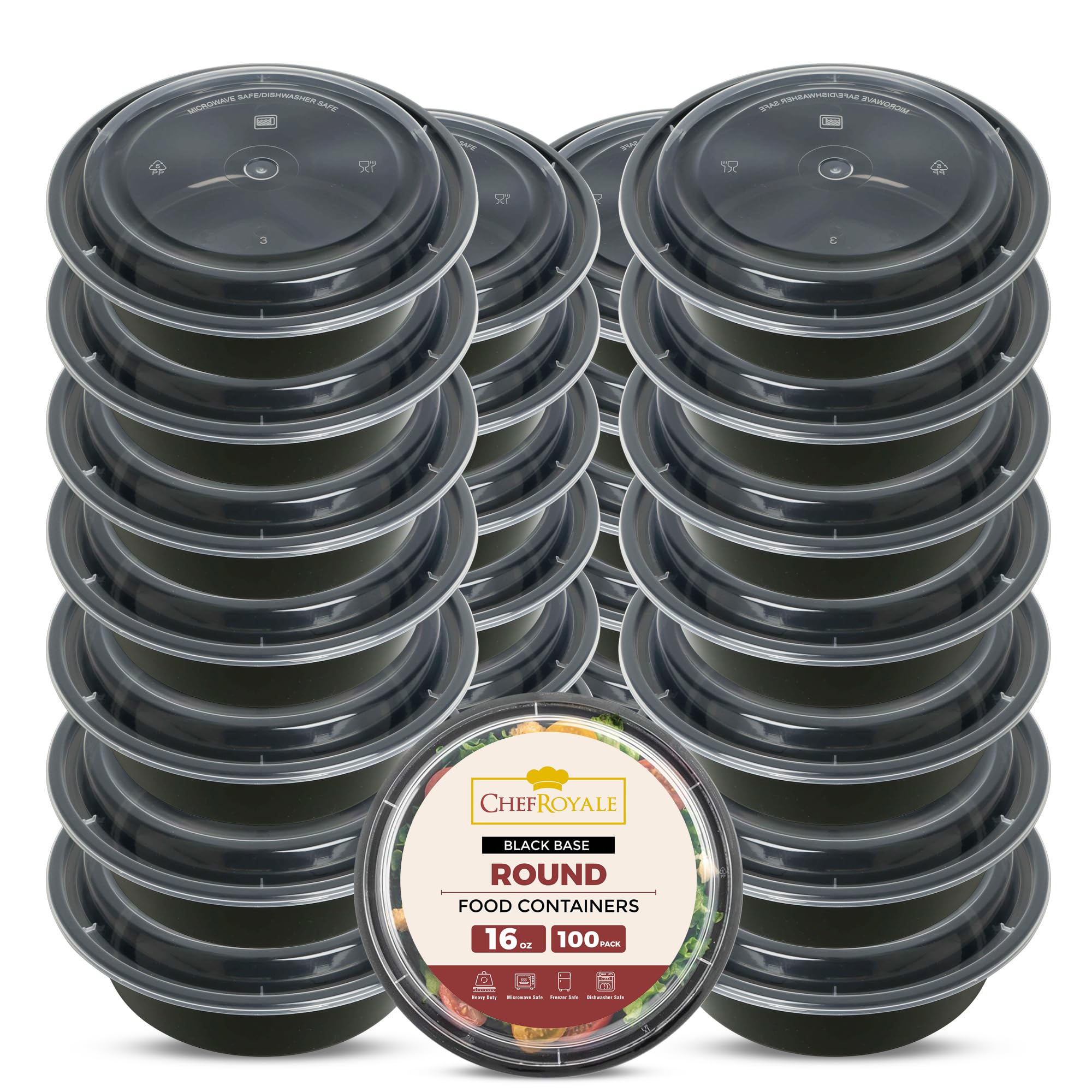 CHEF ROYALE 100x 16oz Round Meal Prep Containers with Lids Reusable Food Containers with Airtight Lids - Microwave & Dishwasher Safe - BPA Free Stackable Lunch Boxes (100, 16oz)