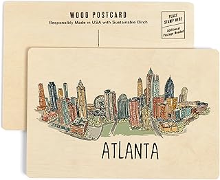 Atlanta, Georgia, Line Drawing (4x6 Birch Wood Postcards, 2-Pack Stationary, Rustic Home Wall Decor)