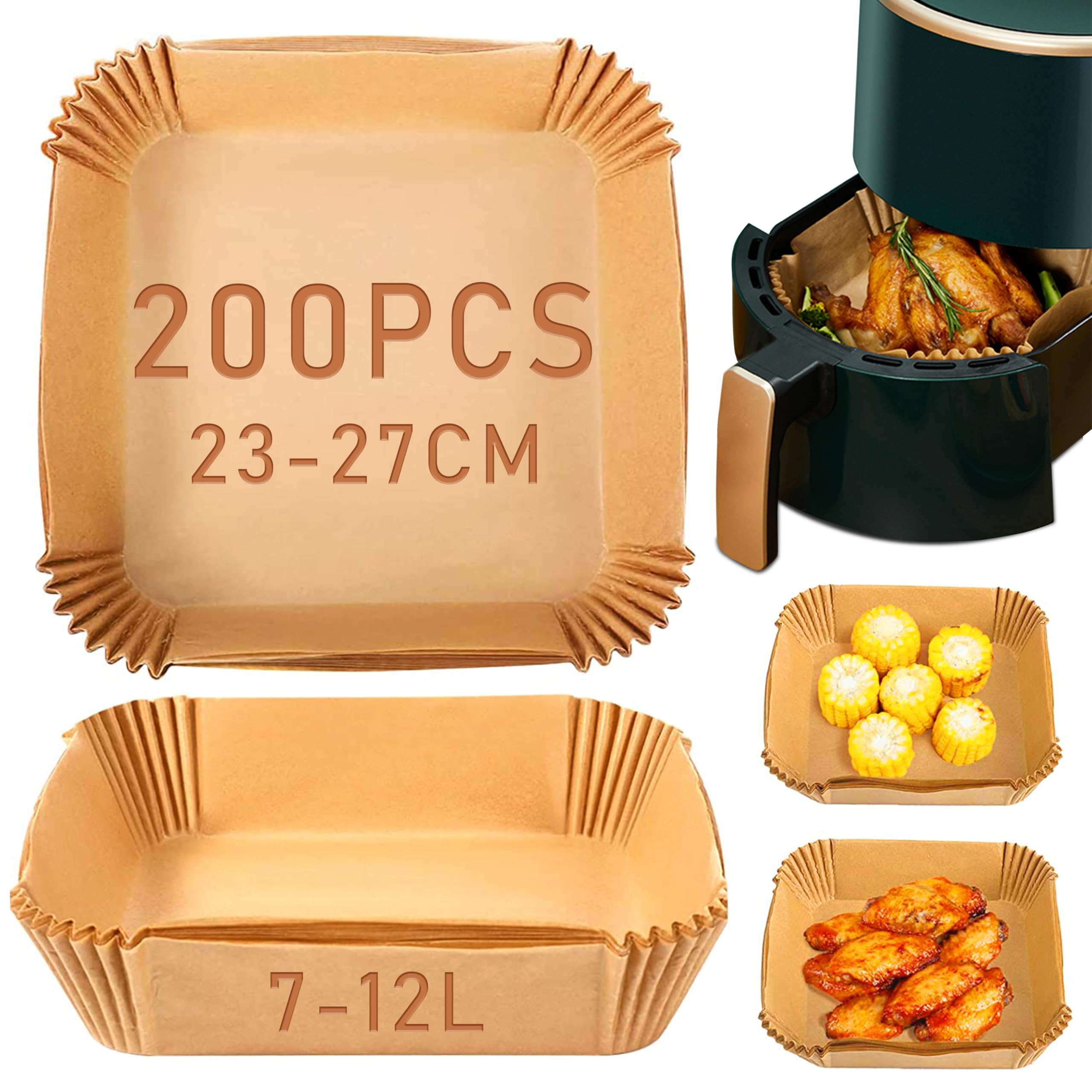 Air Fryer Paper 200 Pieces, 23-27 cm Paper for Air Fryer Waterproof Oil-proof Square 7 to 12 Liters Airfryer Compatible with COSORI/NINJA