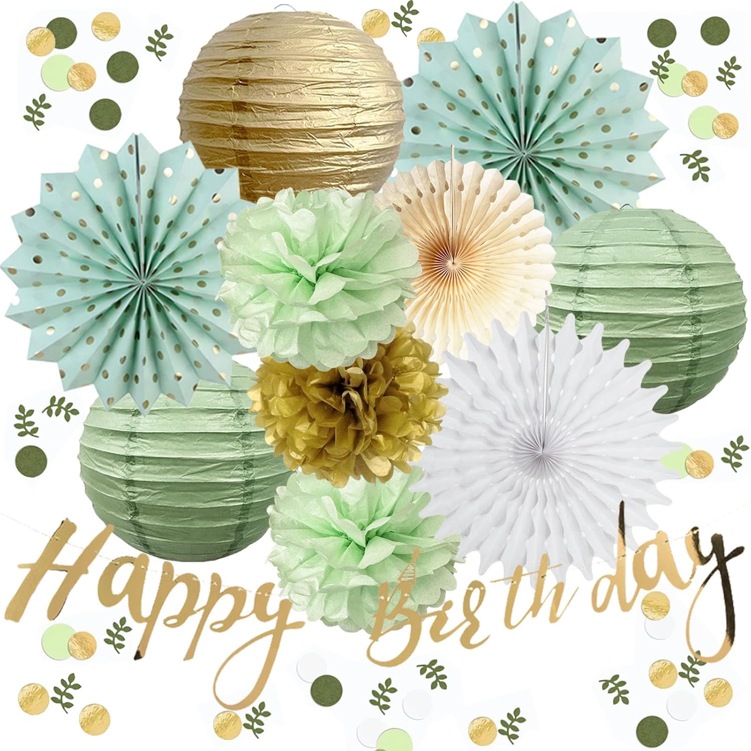 Sage Green Gold Birthday Party Decorations Paper Fans Paper Lanterns