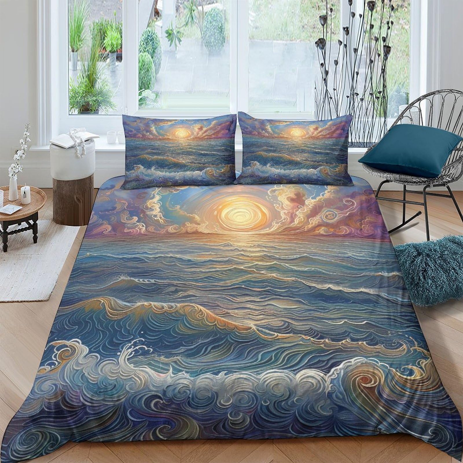 Ctjqhvkz Style-9 3D Printed Ocean Sunset Fitted Sheet Microfiber Soft Blue Waves Mattress Cover For Bedroom Guest Room Decor Single（135X200cm）