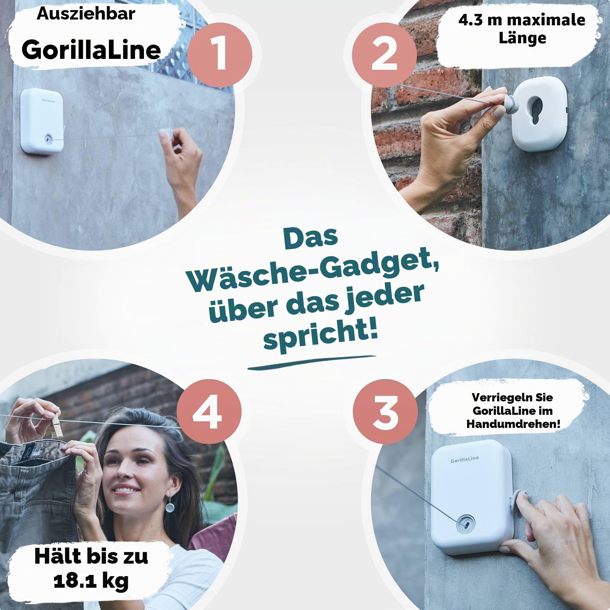 GorillaLine - Einziehbare Wäscheleine für drinnen und draußen, robuste Wäscheleine zum Trocknen von Wäscheleine, wandmontierter Wäscheständer, ausziehbares Aufhängen | Verriegelung, um Durchhängen zu