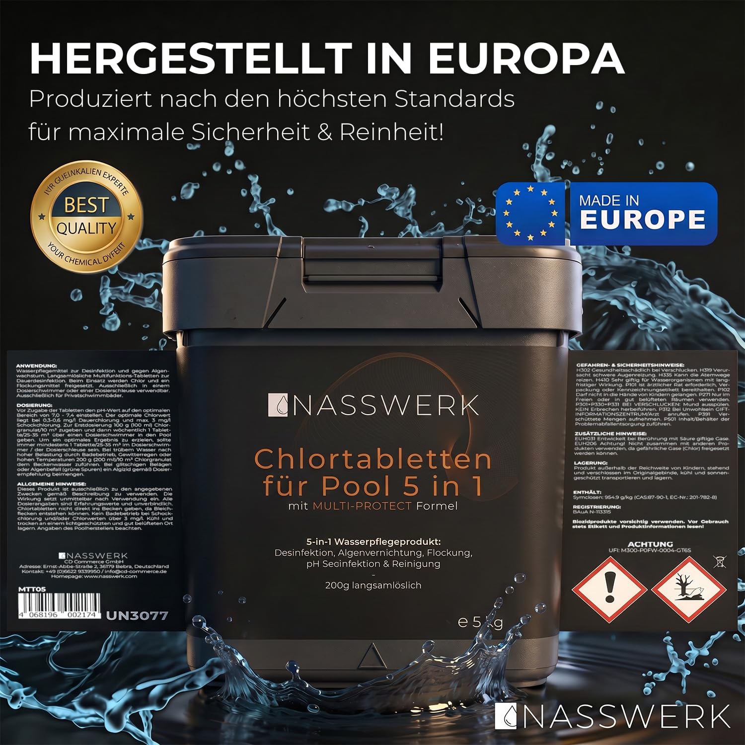 NASSWERK Chlortabletten für Pool 5 in 1 (5kg) | 200g Pooltabs Multitabs 5 in 1 mit Chlor, Algizid, pH Stabilisator, Flockungsmittel & Reiniger | Langzeit Multitabs Pool 200g für optimales Poolwasser