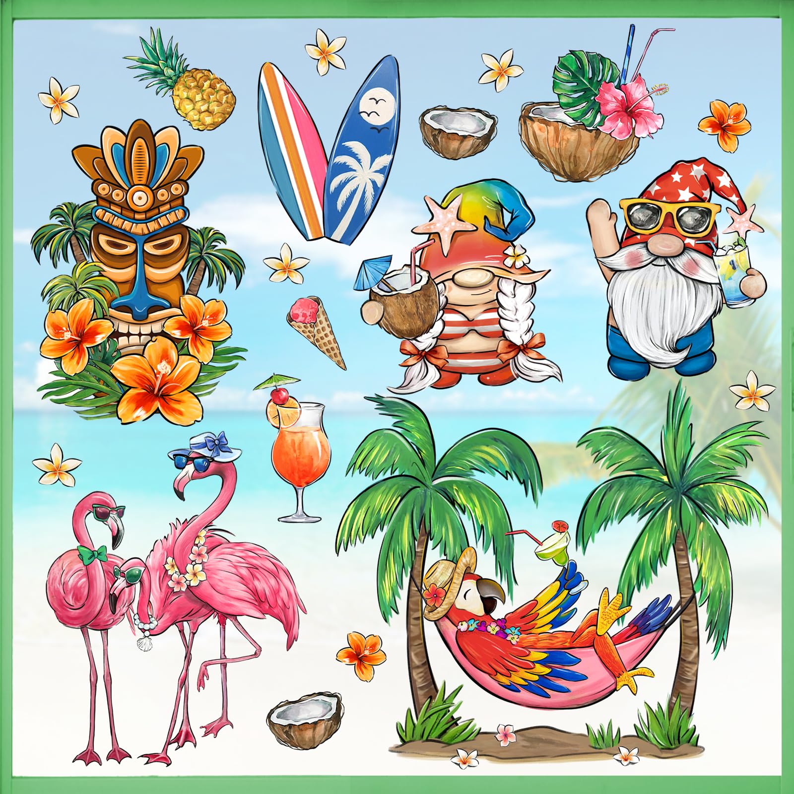 Mfault Summer Gnome Window Clings 9 Sheets, Tropical Tiki Flamingo Parrot Birds Palm Tree Stickers Decal Decorations, Hawaii Surfboard Hibiscus Flower