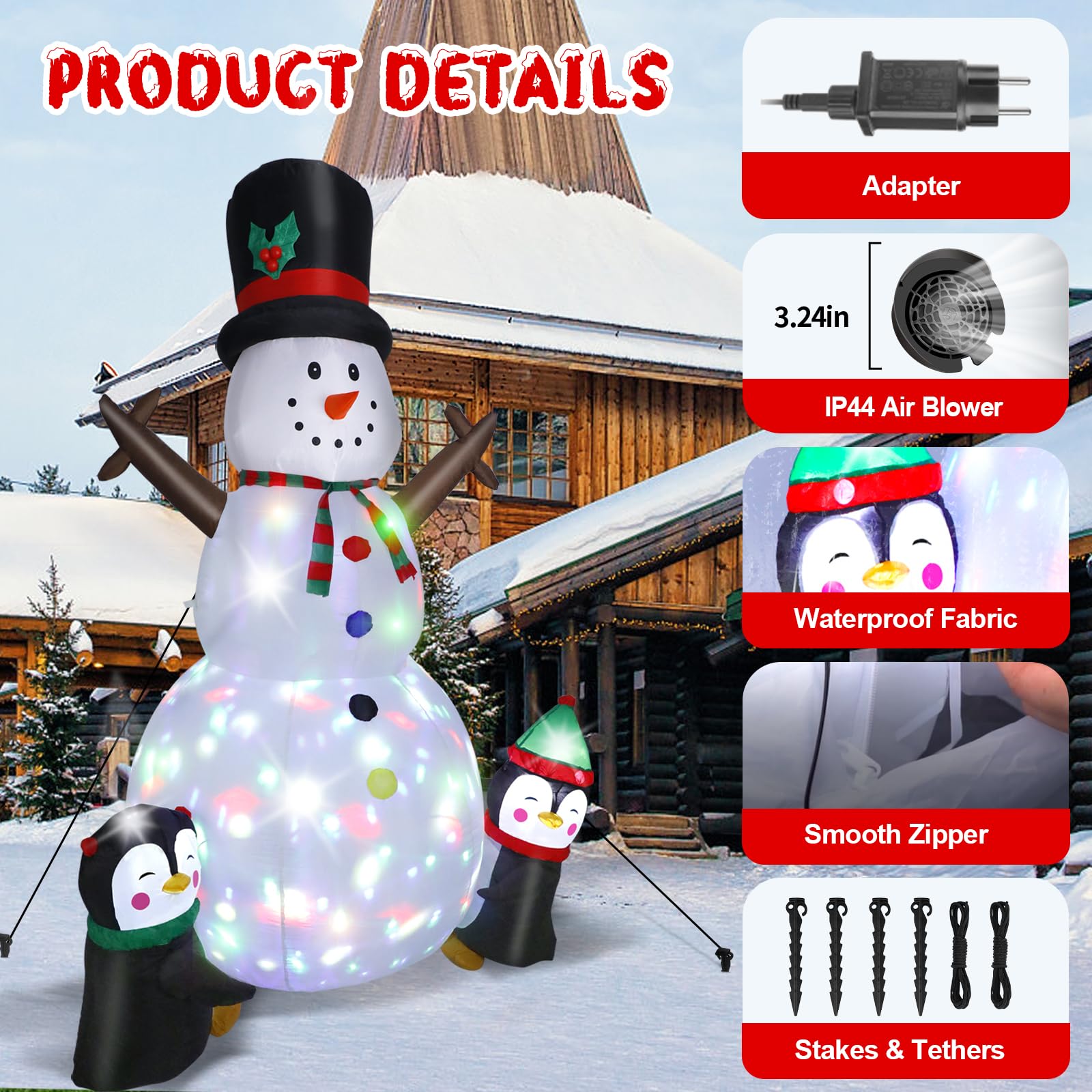 Wothfav Pupazzo di Neve Gonfiabile di Natale, 244cm Decorazioni con Luci a LED, Corde e Paletti Fissabili, Decorazione Natalizia per Esterno Impermeabile -1250mAh/15W