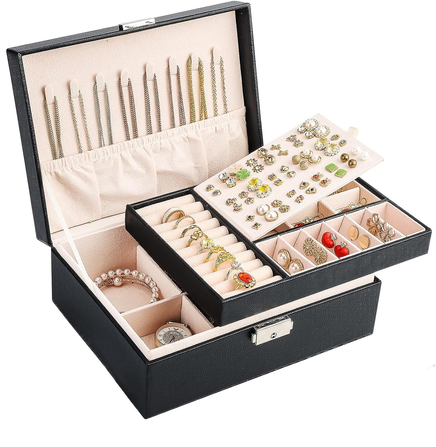 Skoye Jewellery Box Organiser, 2 Layers, Large Storage Box for Jewellery, PU Leather, Gift for Girls, Jewellery Box with Lock, Removable Tray for Necklace, Earring, Ring (Black)