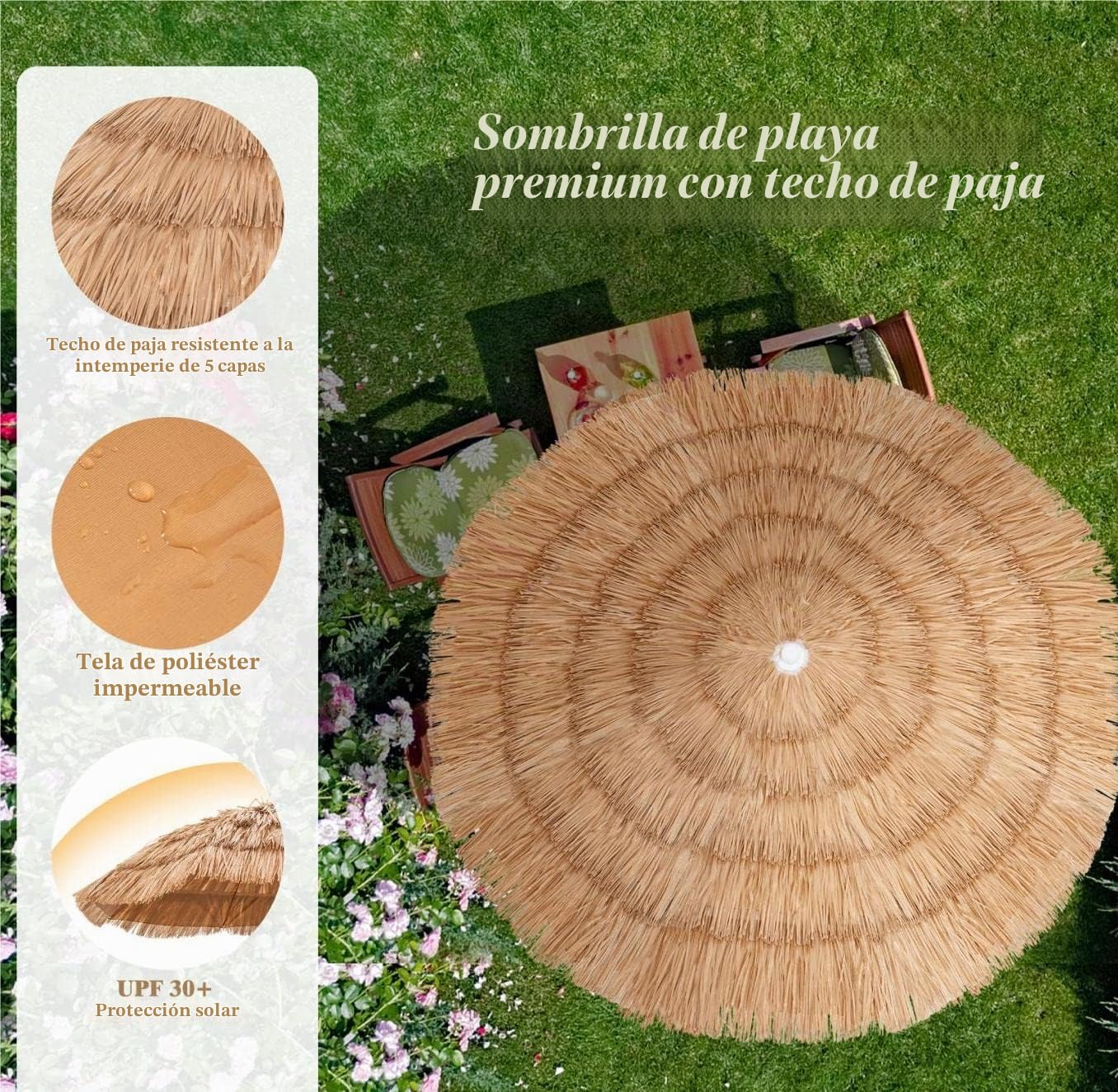 KOMFOTTEU Sombrilla Hawaiana de Playa de Paja PP Inclinable | Parasol de Rafia para Jardín con Altura Regulable, Ø 155 cm, Natural