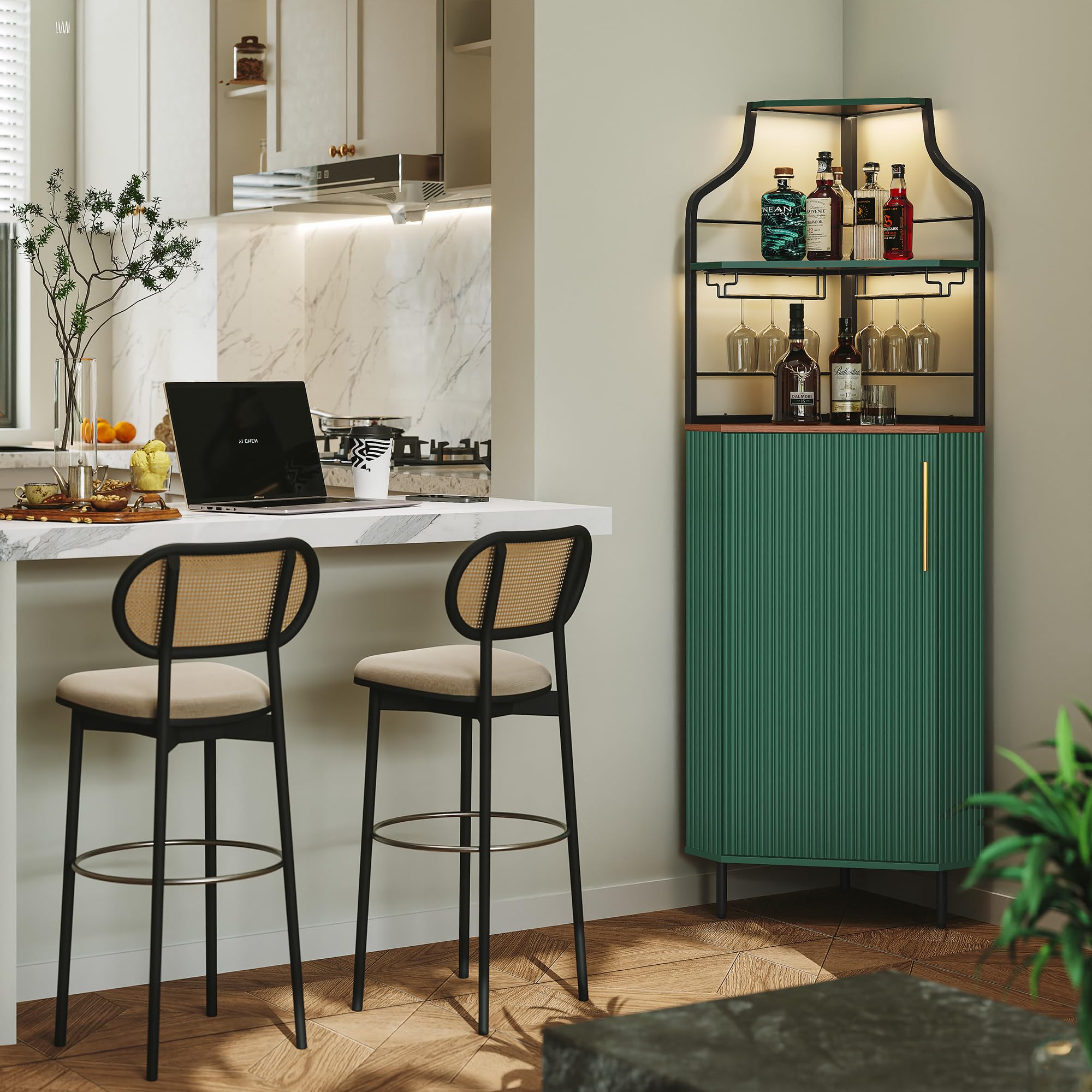 HOLTICO Barschrank, Weinschrank mit Verstellbarem Regal Eckschrank mit Glashalter Minibar für Küche, Wohnzimmer, Esszimmer (Grün)