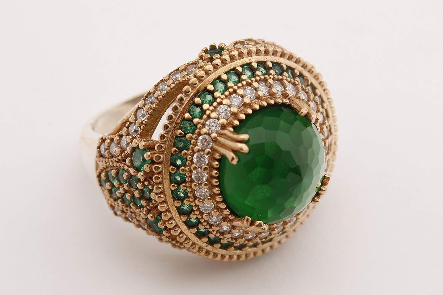 Turkish Handmade Jewelry Round Shape Emerald and Round Cut Topaz 925 Sterling Silver Ring Size Option